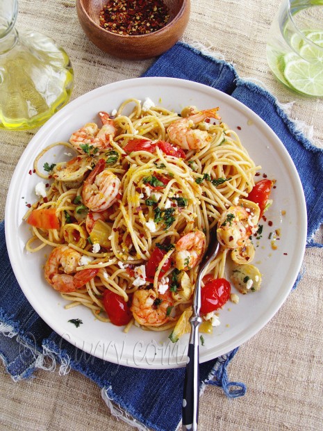 Spaghetti with Shrimp Artichokes and Feta