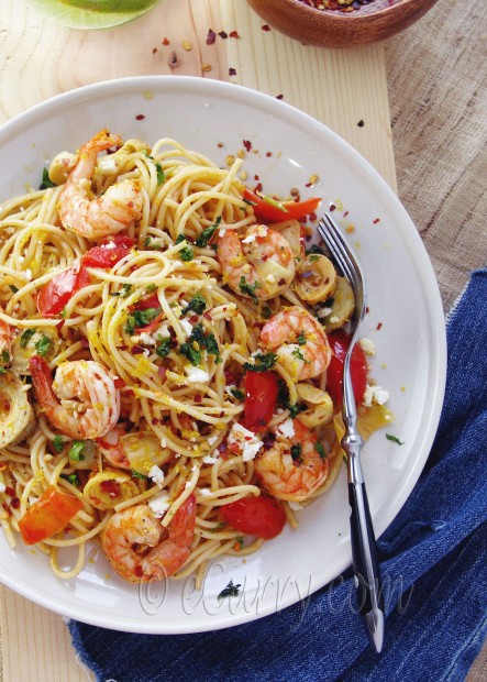 Spaghetti with Shrimp Artichokes and Feta