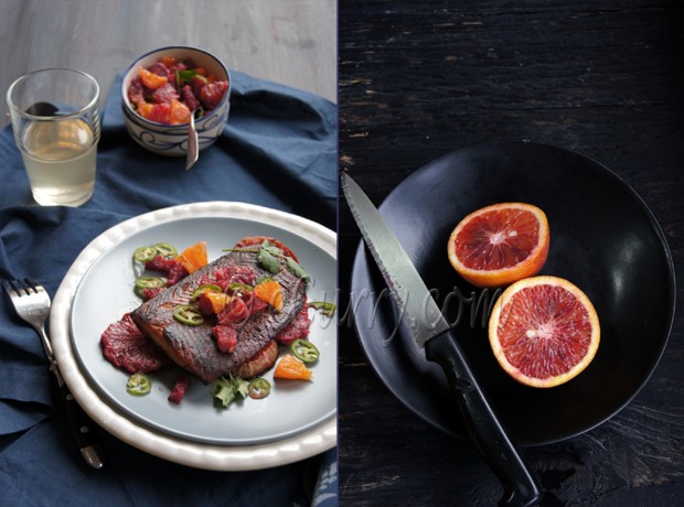 Glazed Salmon with Blood Orange Salsa Diptych