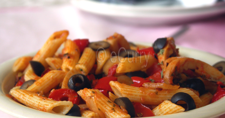 Penne Pasta in Red Pepper Pesto with Sweet Onions & Mushrooms