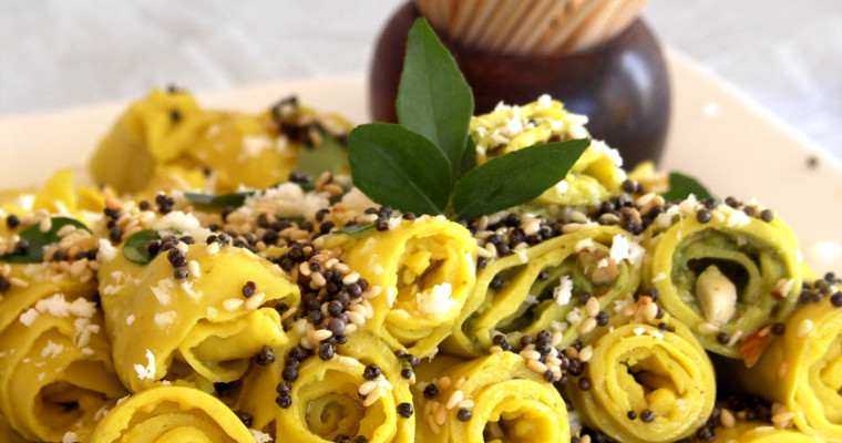 Stuffed Khandvi: Savory Layered & Nut Stuffed Chickpea Swirls