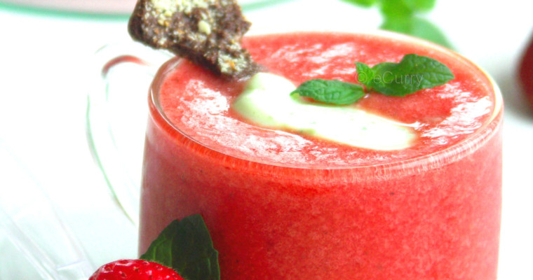 Spiced Strawberry Soup with Mint Cream and Choco-Nut Crisps