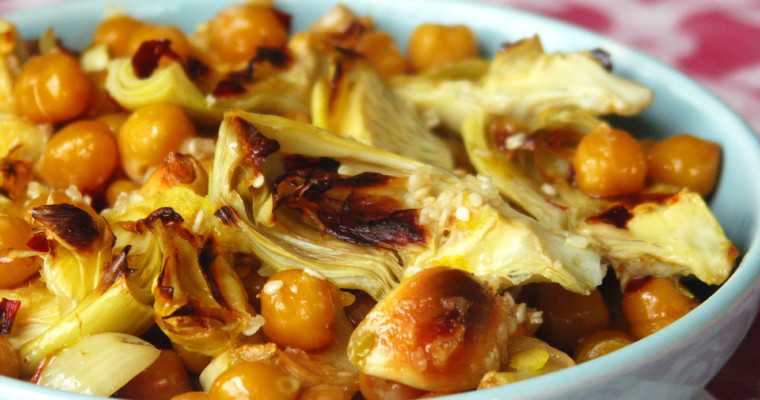 Roasted Artichokes Chickpeas & Garlic Salad with Lemon & Sesame