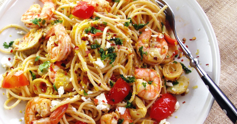 Pasta with Shrimp, Artichokes and Feta