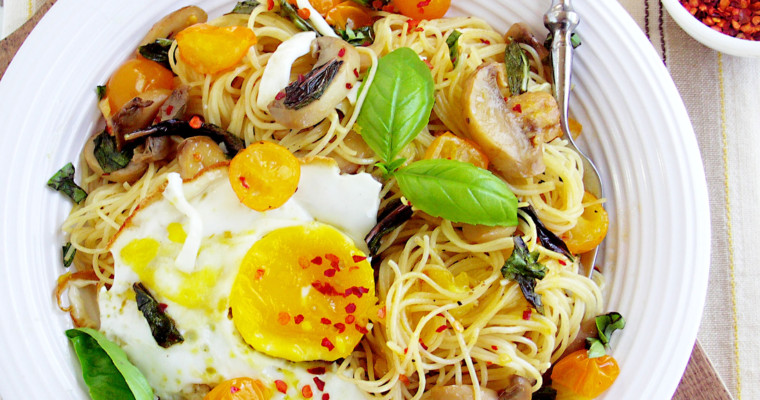 Angel Hair Pasta with Mushroom, Basil and Fried Egg