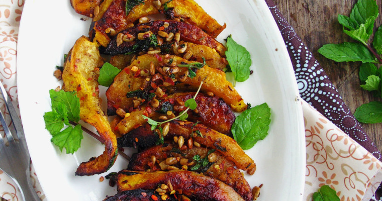 Roasted Acorn Squash with Mint, Sumac and Sunflower Seeds