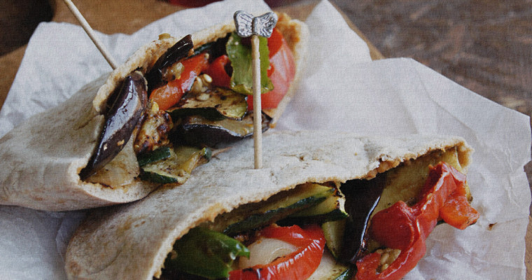 Hummus Stuffed Pita with Roasted Vegetables