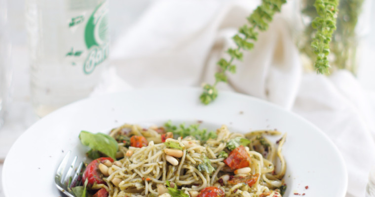 Pasta with Basil Pesto, Pine Nuts and Cherry Tomatoes