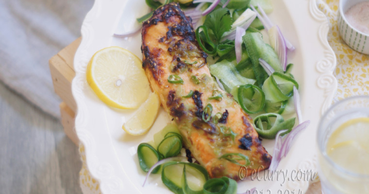 Wasabi marinated Salmon with Cucumber Salad