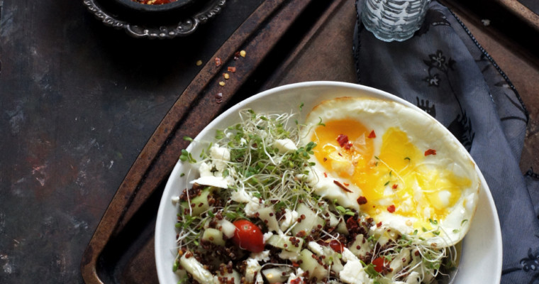 Quinoa Salad with Cucumber, Feta and Fried Egg